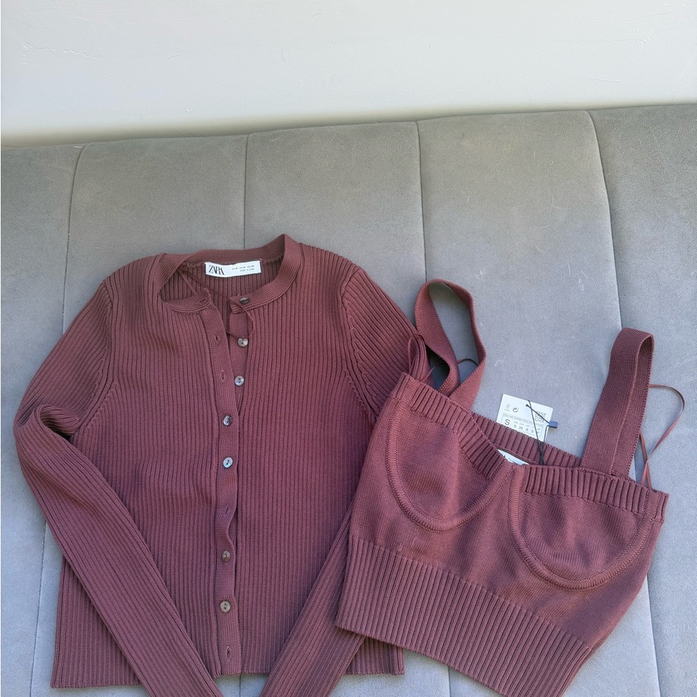 Zara Ribbed Knit Tank and Cardigan Set - Rust